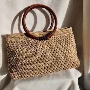 NWOT The Sak Crochet Tan Hobo Clutch Bag with Wooden Handles